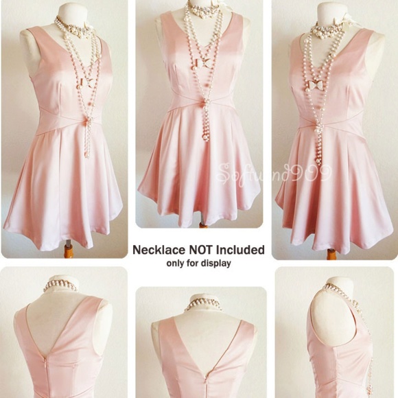 Pale Pink Soft Satin Classic V Neck Skater Dress - Picture 5 of 6